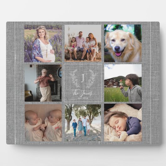 Familie 8 Naam foto collage monogram rustic Fotoplaat (Voorkant)