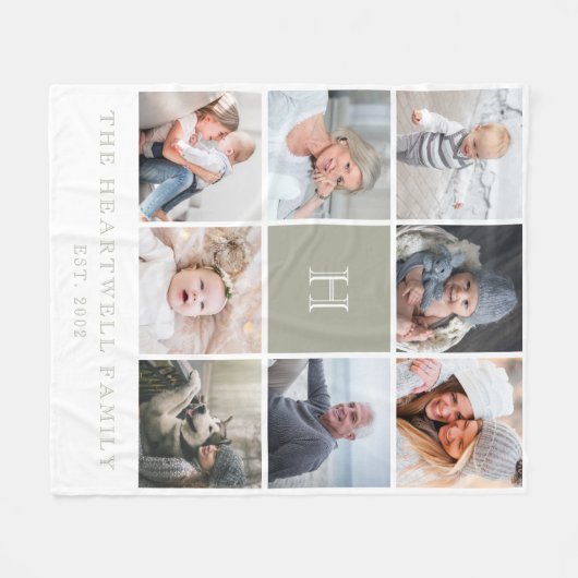 Familie 8 Photo Collage Monogram Sage Groen Fleece Deken (Voorkant (Horizontaal))