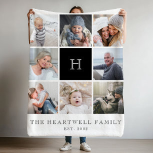 Familie 8 Photo Collage Monogram Zwart-Wit Fleece Deken