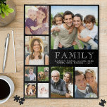 Familie 9 Foto Collage Legpuzzel<br><div class="desc">Een aangepaste 9 foto collage puzzel voor uw gezin met uw favoriete afbeeldingen,  en "Familie" en uw namen in witte typografie tegen een zwarte achtergrond. De kleuren van de achtergrond en de tekst kunnen worden gewijzigd door ze te bewerken in het ontwerpgereedschap.</div>