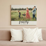 Familie Aangepaste Fotocanvas Print<br><div class="desc">Deze stijlvolle canvas print beschikt over een prachtig script lettertype met het opschrift "familie" boven uw familienaam in een moderne,  strakke lettercombinatie. Je favoriete familiefoto vult de achtergrond. Maakt voor uitstekende geschenken voor familieleden het hele jaar door.</div>