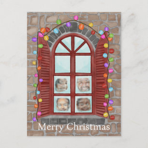 Familie achter het venster van Kerstmis fotokaart Briefkaart