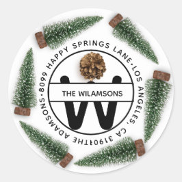 Familie Adres RSVP Monogram Witte Kerstboom Ronde Sticker