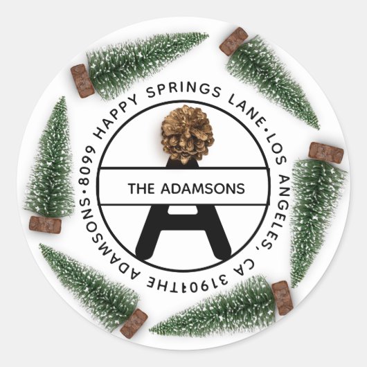 Familie Adres RSVP Monogram Witte Kerstboom Ronde Sticker (Voorkant)
