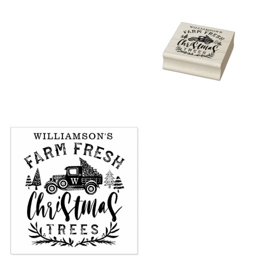 Familie Antieke Kerstboom Bezorgtruck Rubberstempel (Gestempeld)