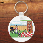 Familie BBQ, enkele vader, 2 jongens, 1 meisjes Ca Sleutelhanger (Voorkant)