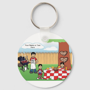 Familie BBQ, enkele vader, 2 jongens Cartoon Sleutelhanger