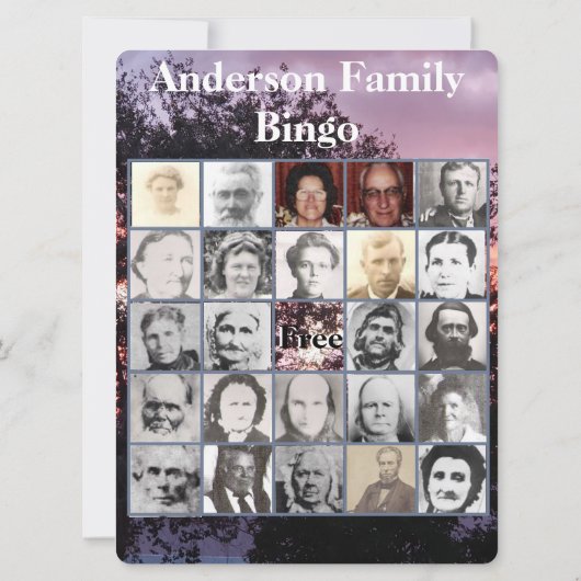 Familie Bingo Kaart met roze Paarse Sunset Foto (Achterkant)