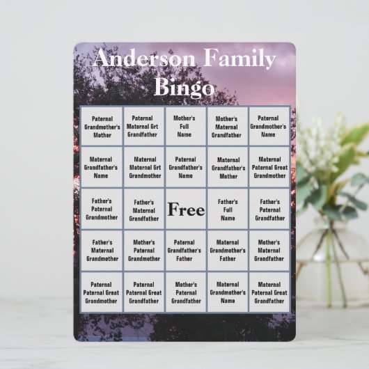 Familie Bingo Kaart met roze Paarse Sunset Foto (Staand voorkant)