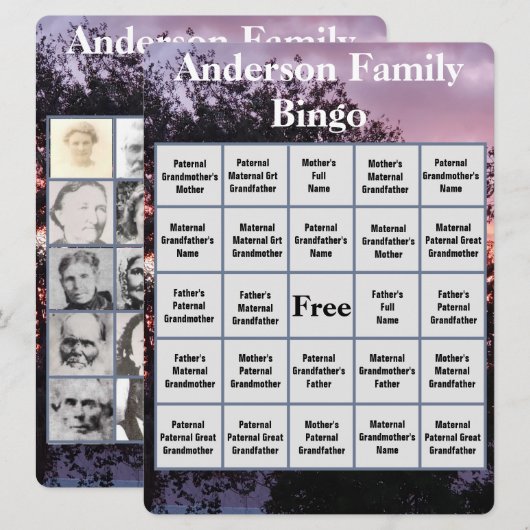 Familie Bingo Kaart met roze Paarse Sunset Foto (Voorkant / Achterkant)