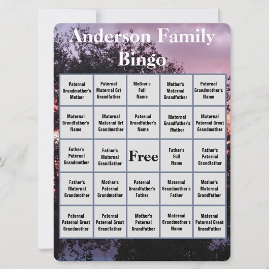 Familie Bingo Kaart met roze Paarse Sunset Foto (Voorkant)