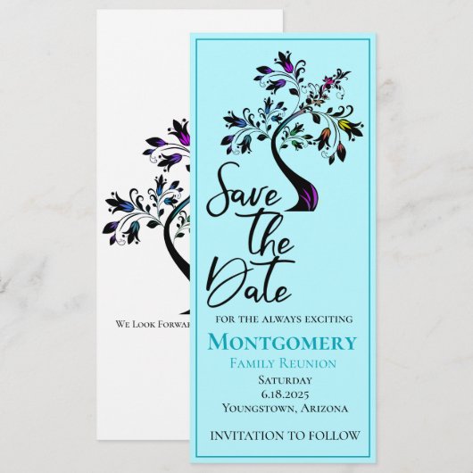 Familie Blauwe Moderne Floral Boom Save The Date (Voorkant / Achterkant)