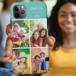 Familie Blauwgroen 4 Aangepast fotocollage Case-Mate iPhone Case<br><div class="desc">Creëer uw eigen geval van de douaneTelefoon voor iphone 11 pro max en vele andere modellen. Het ontwerp is voorzien van een rasterstijlfotocollage met vier van uw favoriete foto's, jouw naam en het woord "familie". Het fotomalplaatje is opstelling klaar voor u om uw foto's toe te voegen, die met de...</div>