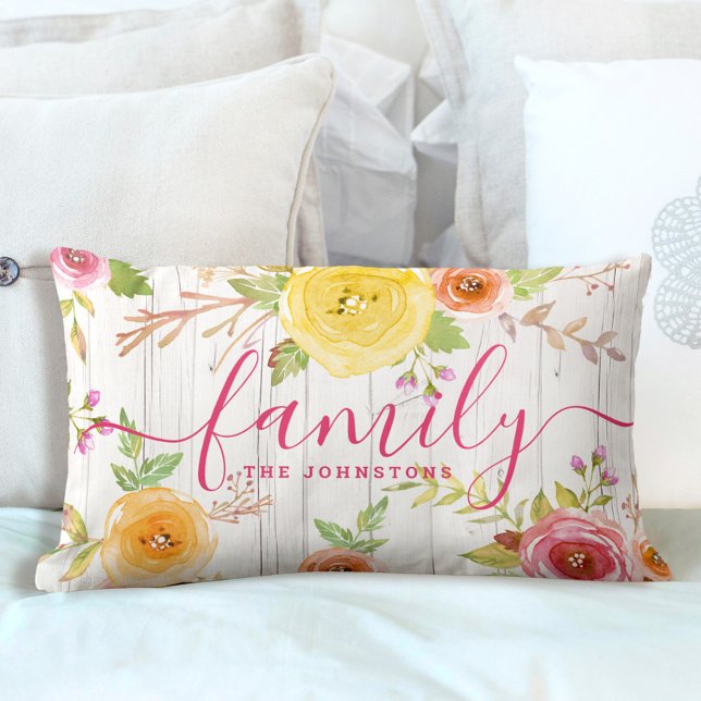 Familie bloemenboek waterverf roze script rustiek  kussen (Creator heeft geüpload)