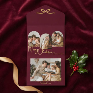 Familie Bourgondië Goud Elegante Kerstboog All In One Uitnodiging