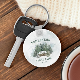 Familie Cabin Forest Pine Trees gepersonaliseerd Sleutelhanger