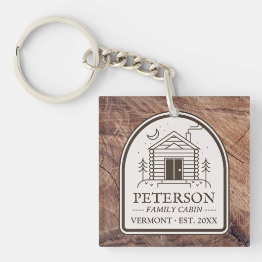 Familie Cabin Rustiek Hout Gepersonaliseerde Decor Sleutelhanger (Voorkant)