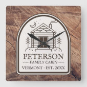 Familie Cabin Rustiek Hout Gepersonaliseerde Decor Vierkante Klok (Voorkant)