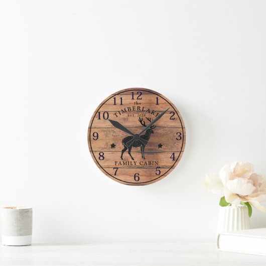 Familie Cabin Rustiek Hout Gepersonaliseerde Muur Ronde Klok (Huis)