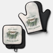 Familie Cabin Waterverf Winter Pine Forest Ovenwant & Pannenlap Set (Voorkant / Achterkant)