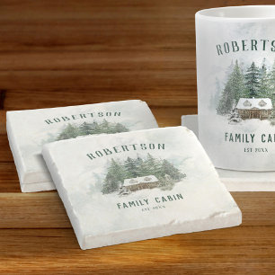 Familie Cabin Waterverf Winter Pine Forest Stenen Onderzetter