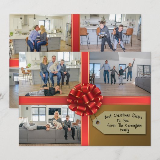 Familie cadeau verpakt met een boog fotokaart feestdagenkaart (Voorkant / Achterkant)