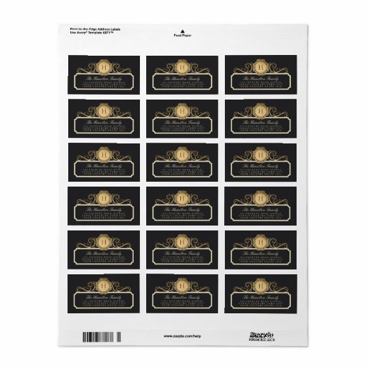 Familie  Charcoal Gold Monogram Adres Etiket (Full Sheet)