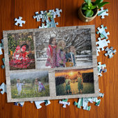 Familie collage 4 foto's op bijtend hout legpuzzel