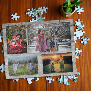 Familie collage 4 foto's op bijtend hout legpuzzel