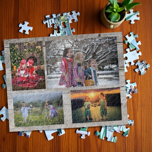Familie collage 4 foto's op bijtend hout legpuzzel