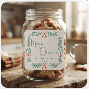 Familie Crème Groen Rood Kerst Krans Vierkante Sticker