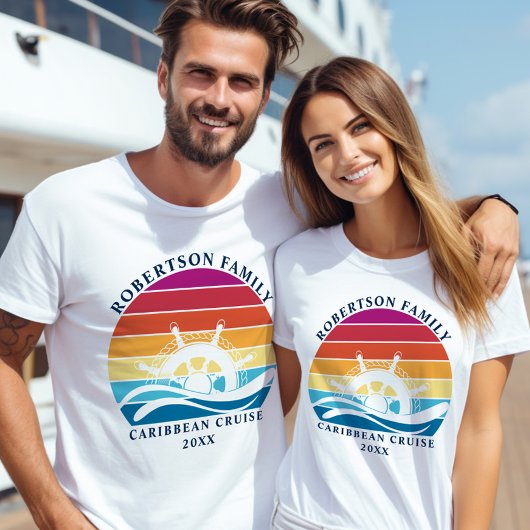 Familie Cruise Nautisch Schip Wiel Retro Sunset T-shirt
