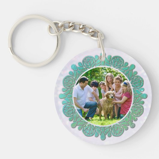 Familie Custom Foto met Elegante Turquoise Mandala Sleutelhanger (Voorkant)