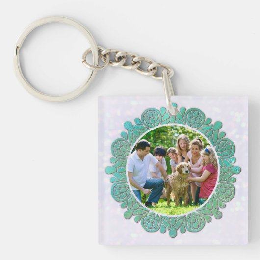 Familie Custom Foto met Elegante Turquoise Mandala Sleutelhanger (voorkant)