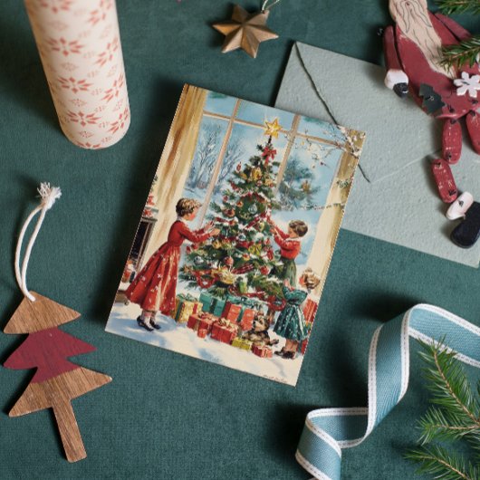 Familie Decorating Tree  Retro Christmas Feestdagenkaart