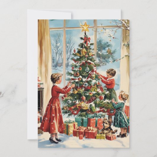 Familie Decorating Tree  Retro Christmas Feestdagenkaart (Voorkant)
