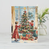Familie Decorating Tree  Retro Christmas Feestdagenkaart (Staand voorkant)