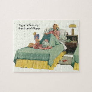 familie die mama ontbijt in bed legpuzzel
