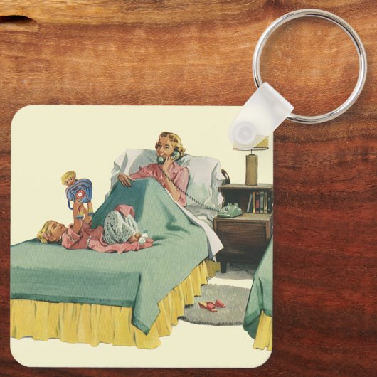  familie die mama ontbijt in bed sleutelhanger (Achterkant)