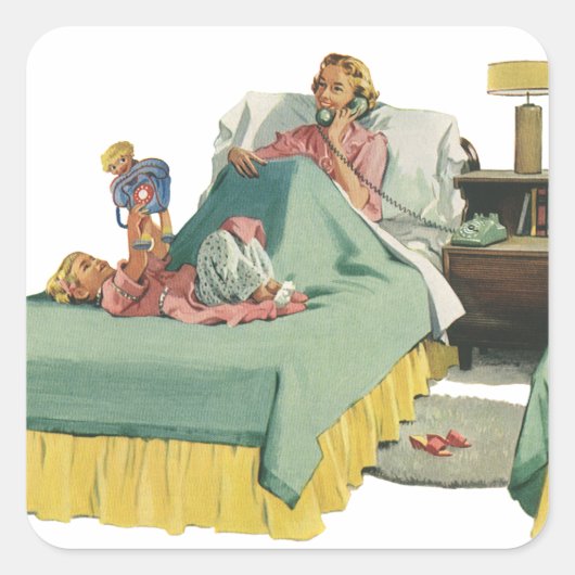  familie die mama ontbijt in bed vierkante sticker (Voorkant)