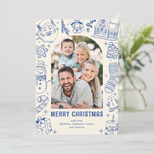 Familie Doodle Foto Kerstmis Feestdagenkaart (Staand voorkant)