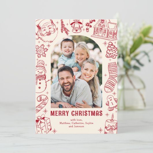 Familie Doodle Foto Kerstmis Feestdagenkaart (Staand voorkant)