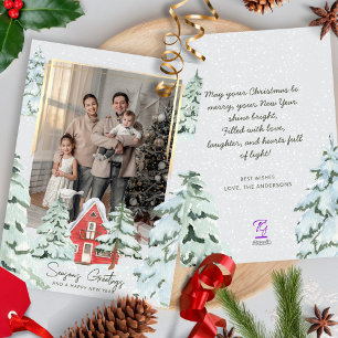 Familie Een Foto Nordic Snow Pine Trees Kerstmis Feestdagenkaart