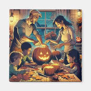 Familie en vrienden Carving Pumpkins Halloween Magneet