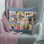 Familie en Vrienden Citaat 12 Foto Collage Blue Kussen<br><div class="desc">Creëer uw eigen fotokussen met 12 van uw favoriete foto's. Het ontwerp heeft een elegante handgeschreven offerte die luidt: "Familie & frieten maken het perfecte mengsel" en u kunt dit desgewenst bewerken. Het fotomalplaatje is opstelling voor u om uw eigen afbeeldingen toe te voegen, die in een modern metselrooster worden...</div>