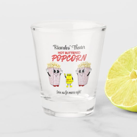 Familie Film Theater Leuke Popcorn Mascots Shot Glas (Voorkant)