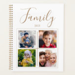 Familie Foto 4 Collage Persoonlijk Planner<br><div class="desc">Gepersonaliseerde planner met 4 fotocollage ruimten en naamtypografie. Voeg het huidige jaar toe. Planner. Wit met bruine accenten. Voeg uw favoriete foto's toe en pas deze planner aan.</div>