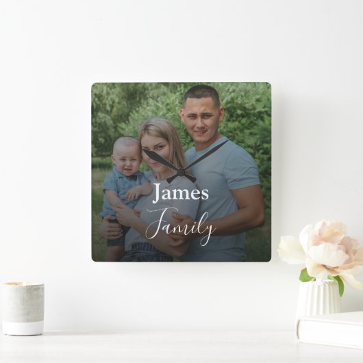 Familie foto aangepaste groot script vierkant Klok (Huis)