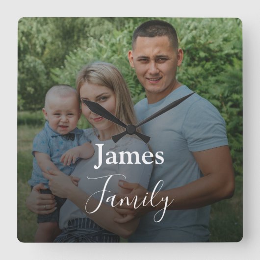 Familie foto aangepaste groot script vierkant Klok (Voorkant)