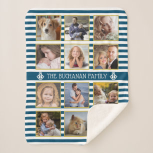 Familie Foto Collage 12 Pics Naam Nautical Stripes Sherpa Deken